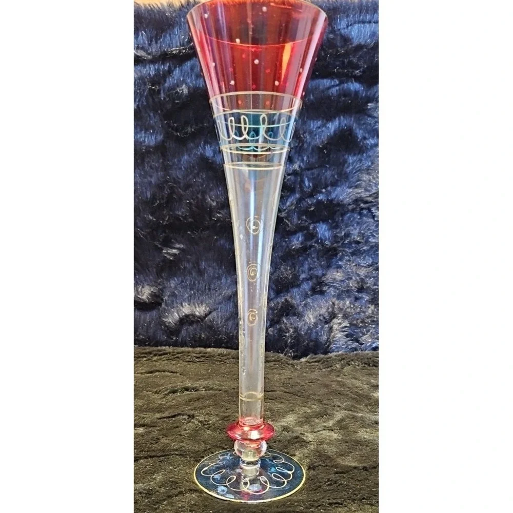 Vintage Pier 1 5-Glass Champagne Flutes Hand Painted & Blown 3-rings 8Pc. 11.5